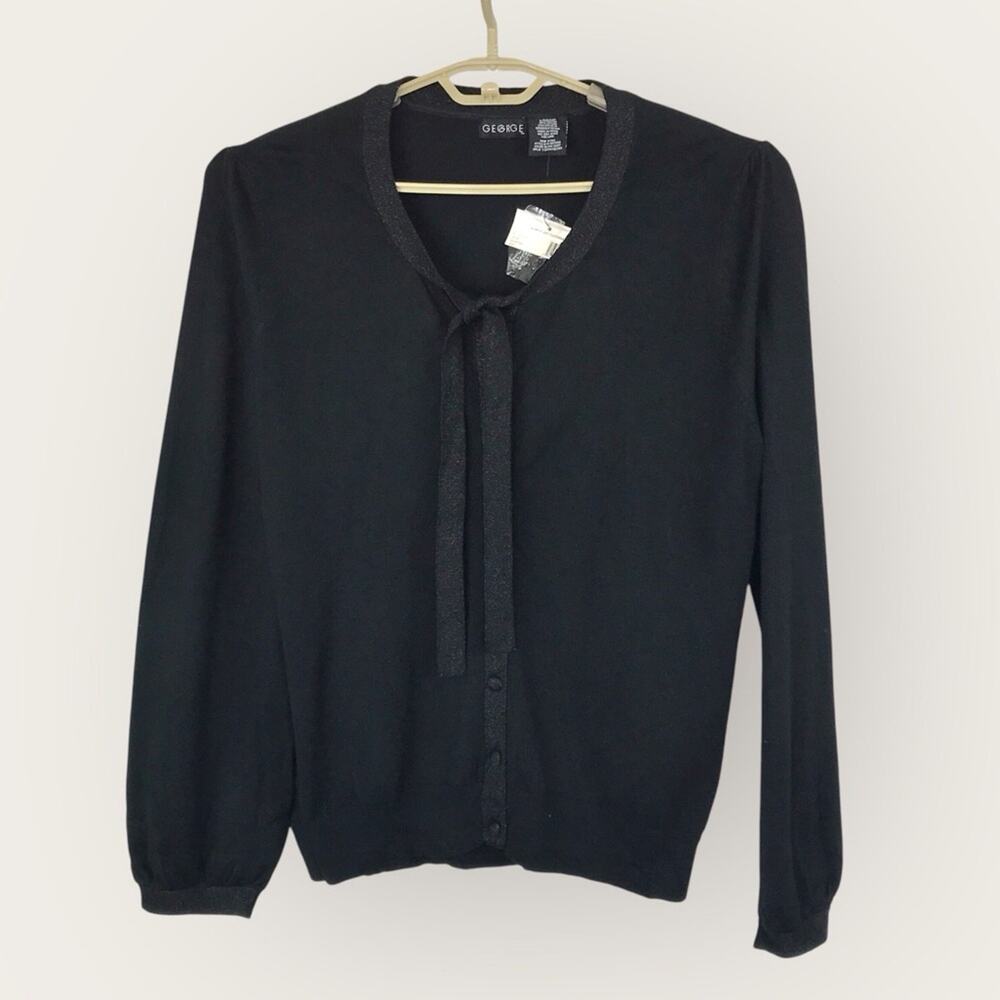 George NWT Black Cardigan Metallic Trim Knit Sweater Holiday Size L 12/14